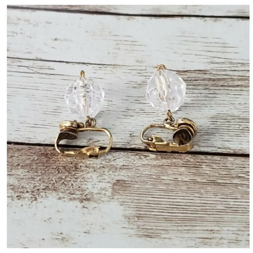 Vintage Clip On Earrings Elegant Simple Dangle Clear Bead